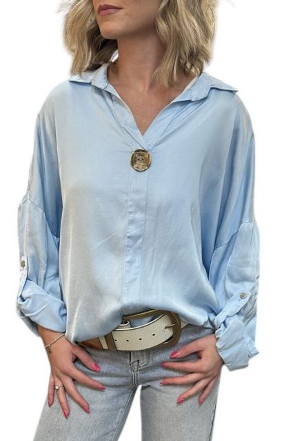 Satin Collard Shirt with Brass Button