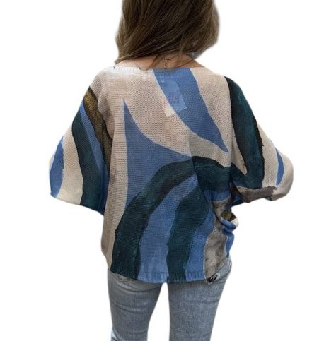 Blue + White Abstract Boat Neck Sweater - Image 5