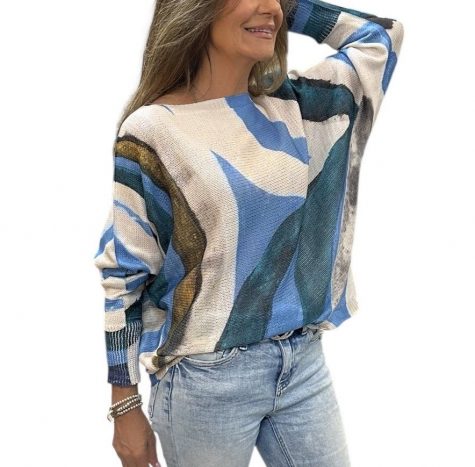 Blue + White Abstract Boat Neck Sweater - Image 3