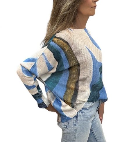 Blue + White Abstract Boat Neck Sweater - Image 2