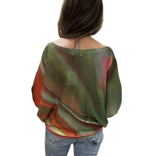 Green + Pink Abstract Boatneck Sweater - Image 5