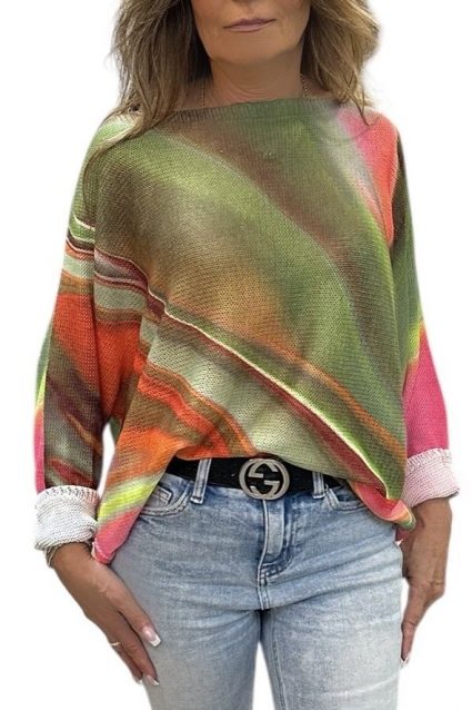 Green + Pink Abstract Boatneck Sweater
