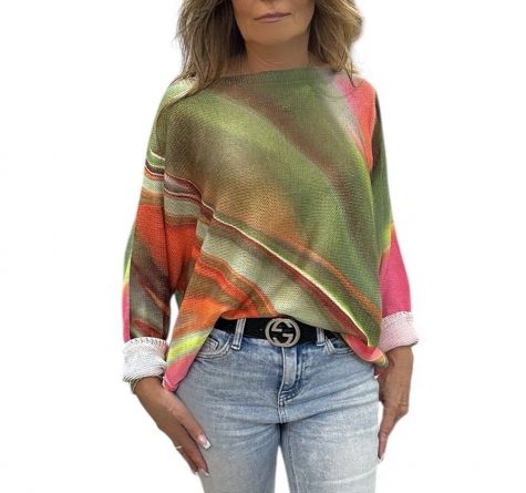 Green + Pink Abstract Boatneck Sweater