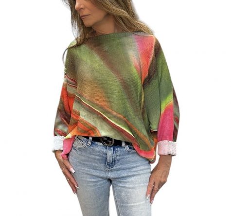 Green + Pink Abstract Boatneck Sweater - Image 2