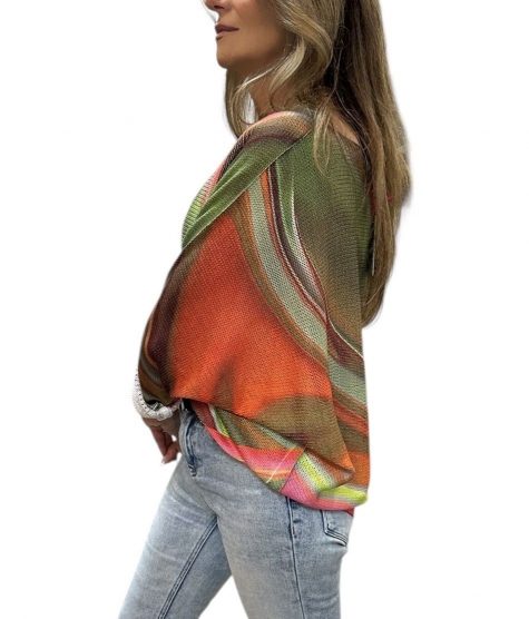 Green + Pink Abstract Boatneck Sweater - Image 3